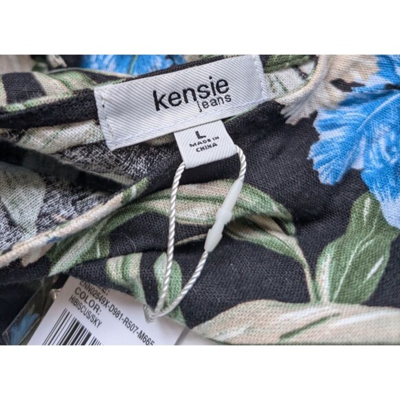 Kensie Jeans Tie Back Linen Blend Jumpsuit In Hibiscus Sky Combo Large - Picture 15 of 15